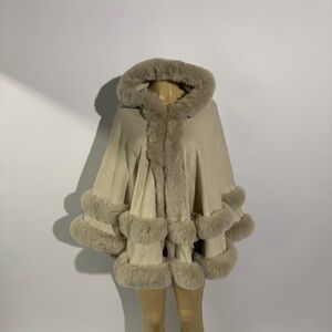 Lux Faux-Fur Trim Cape Coat - Beige